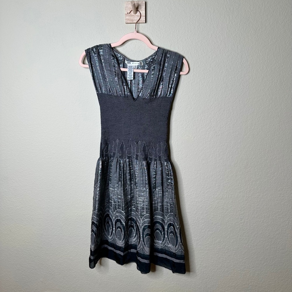 VTG Max Studio Metallic Silver Art Deco Smocked Waist V-Neck Dress Small Retro